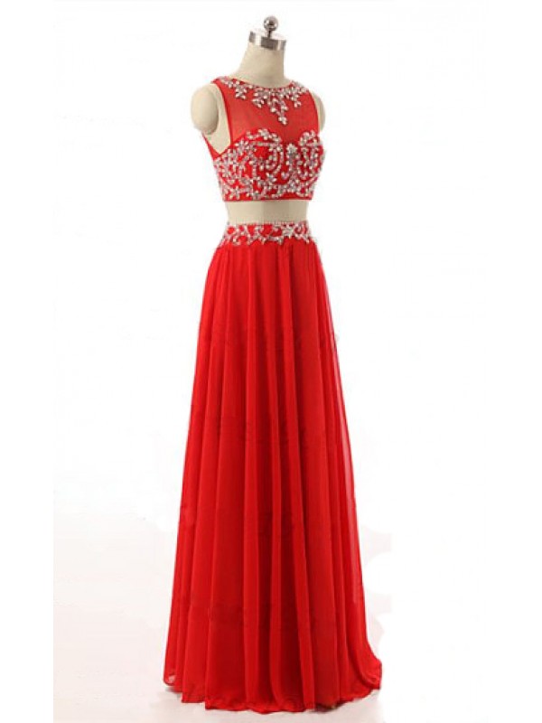 Red Two Piece Prom Dresses Illusion Neckline Beaded Rhinestones Embellished Chiffon Evening 0443