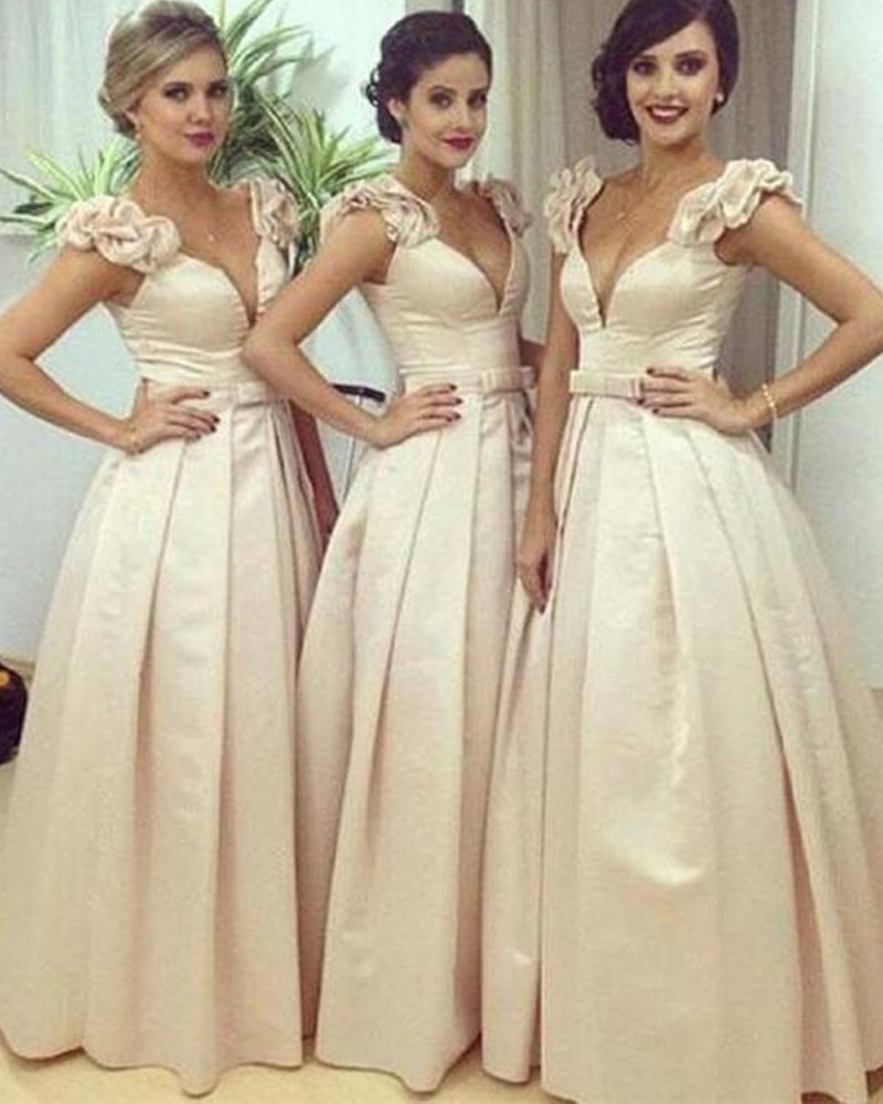 Long Champagne V Neck Satin Bridesmaid Dresses With Floral Straps And Belt Long Elegant Prom 7461