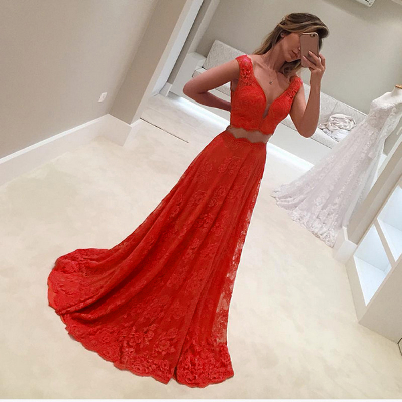 Sexy Red 2 Piece Prom Dresses Featuring V Neckline Long Lace Evening Gowns On Luulla 2497